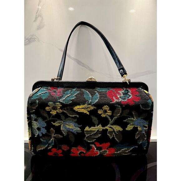 Vintage Carpet Bag Needlepoint Tapestry Structured Satchel Large Floral Black - Picture 11 of 15